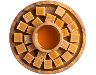  Golden Jaggery Cubes and Wooden Honey Pitcher – Top View PNG on Transparent Background