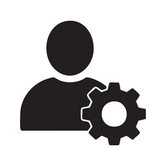 Solid black icon of user with gear on white background symbolizing account settings, user preferences, and profile configuration