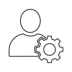 Black outline icon of user with gear on white background representing account settings, profile configuration, and user preferences