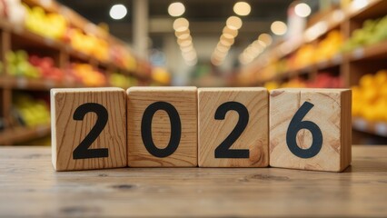 wooden cubes with 2026 written on them against the backdrop of a fruit store