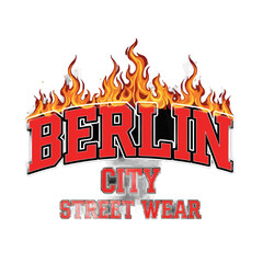 Bold Berlin City Street Wear Logo with Fiery Flames and Red Text.