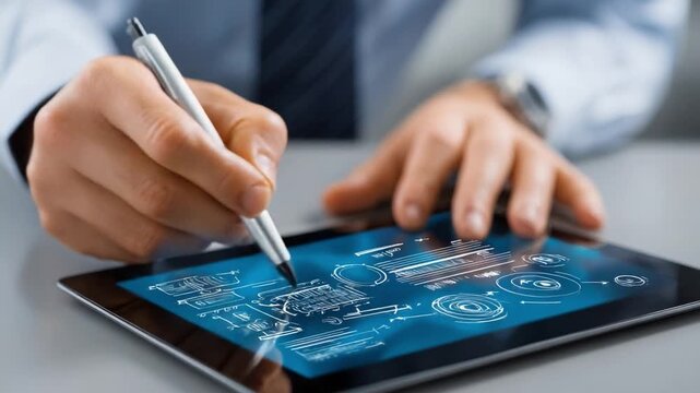 Precision Engineering: A skilled hand, elegantly clad in professional attire, navigates intricate design blueprints on a state-of-the-art tablet, highlighting technological progress