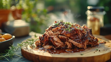 Delicious pulled pork on a wooden board, garnished with rosemary.