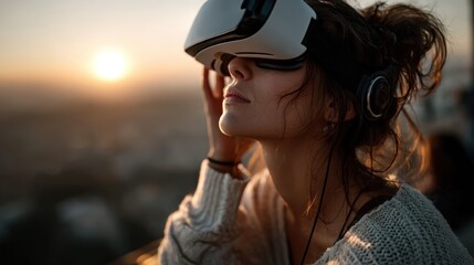 A woman immerses herself in virtual reality while watching a beautiful sunset over an urban landscape. The scene captures the fusion of technology and nature, highlighting the emotional connection be