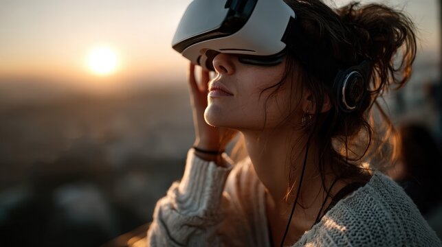 A woman immerses herself in virtual reality while watching a beautiful sunset over an urban landscape. The scene captures the fusion of technology and nature, highlighting the emotional connection be