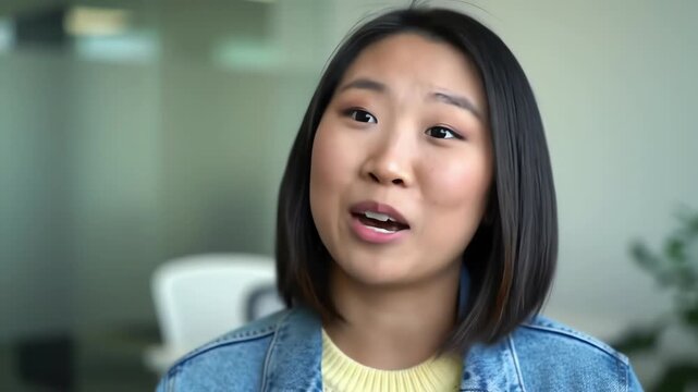 A friendly young Asian businesswoman with a bob haircut gives a positive testimonial in a bright office setting