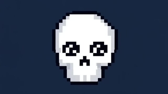 Pixelated skull design with expressive eyes on a dark blue background, suitable for gaming art