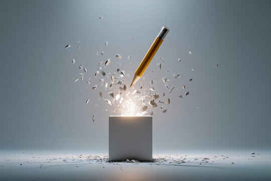 A sharp yellow pencil dramatically shattering a pristine white cube, with fragments bursting and light glowing, symbolizing creative breakthrough, innovative thinking, disruptive ideas, and overcoming