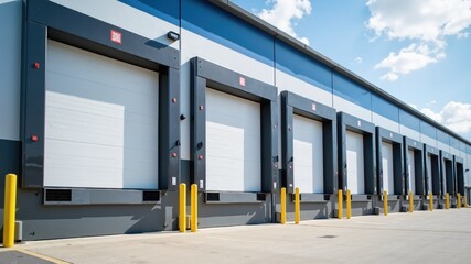 Sectional garage doors in the loading area of the warehouse, logistics company outdoor area, distribution center
