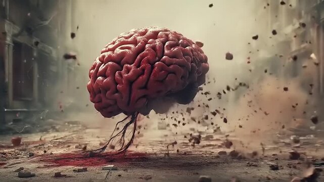 Conceptual Visualization of Brain Damage Amidst Destruction with Bleeding Effects