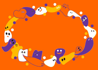 Fototapeta premium おばけたちの円形フレームかぼちゃ色背景・かわいい、カラフルおばけたち・ハロウィン配色
