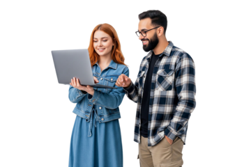 young couple with laptop on white