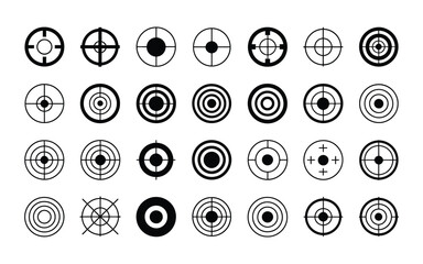 Target and Aim Vector Icon Collection Featuring Bullseye Symbols, Crosshairs, and Precision Graphics Ideal for Focus Design, Archery, Shooting Sports, Navigation UI, and Digital Art

