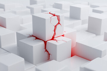 A fractured white cube with glowing red cracks stands prominently amidst a pristine grid of white blocks, symbolizing system failure, impending crisis, structural damage, and vulnerability in design

