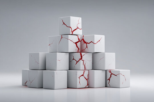 A fractured white cube with glowing red cracks stands prominently amidst a pristine grid of white blocks, symbolizing system failure, impending crisis, structural damage, and vulnerability in design

