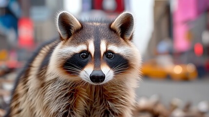 Raccoon is standing on the street and looking at the camera. The scene is set in a city with cars and traffic lights in the background