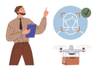 Man with clipboard explaining facial recognition scanning and package delivery drone. Ideal for technology, innovation, AI, logistics, efficiency, automation, futuristic systems simple flat metaphor
