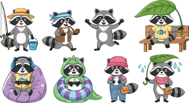 Cartoon raccoons show different activities such as fishing and gaming