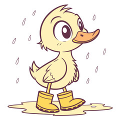 Cute cartoon duckling wearing yellow boots in the rain