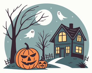 Halloween Night with Pumpkins and Ghosts | Spooky October Scene