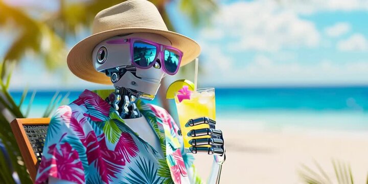 A robot sips a tropical cocktail on the beach during summer vacation