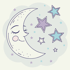 Cute cartoon moon with a smiling face and stars in a dreamy style