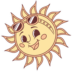Cute cartoon sun wearing sunglasses and smiling in a cheerful style