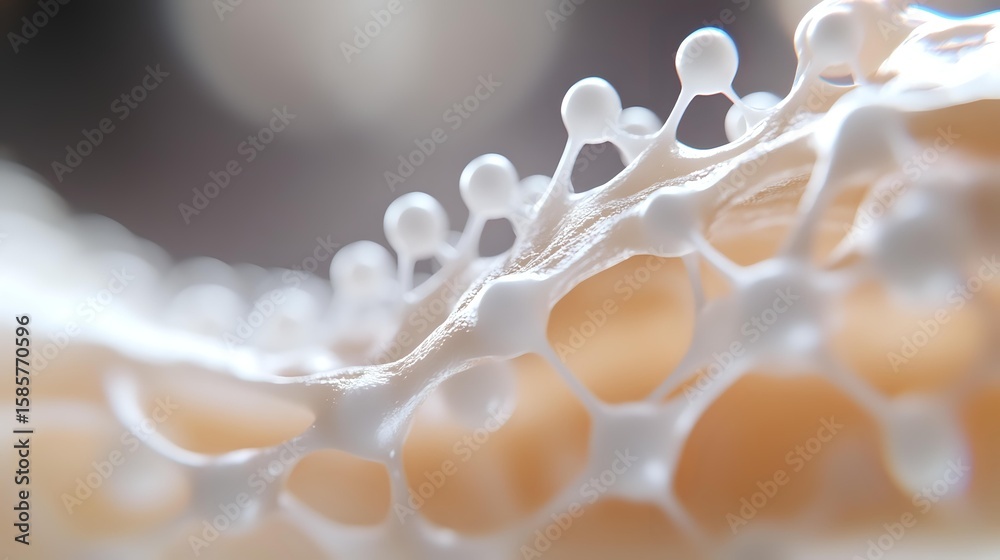 Poster macro photography of delicate soap bubbles forming geometric patterns with soft peach and gray bokeh