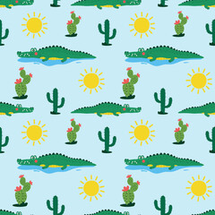 Seamless pattern with crocodile. Repeating cartoon pattern. Summer endless pattern. Seamless pattern with cartoon crocodiles and cacti
