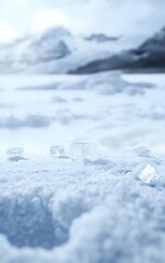 Transparent ice cubes scattered on fresh snow surface with blurred winter mountain landscape background, creating minimalist cold atmosphere composition.