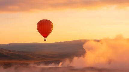 Fototapeta premium Vibrant red hot air balloon ascends over misty geothermal landscape at sunrise