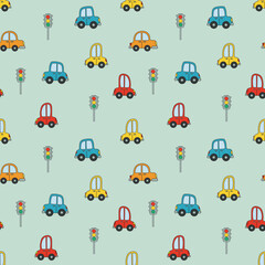 Kids pattern with cars. Cartoon cars seamless. Repeating pattern for boys. Children's cartoon background