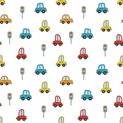 Kids pattern with cars. Cartoon cars seamless. Repeating pattern for boys. Children's cartoon background