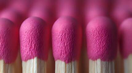 Pink matches arranged in row showing textured tips against blurred background, macro photography highlighting detailed texture and pattern of wooden sticks.