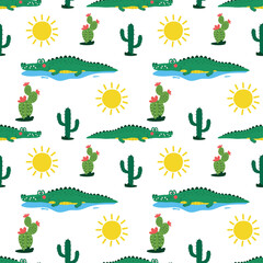 Seamless pattern with crocodile. Repeating cartoon pattern. Summer endless pattern. Seamless pattern with cartoon crocodiles and cacti