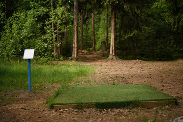 Disc golf course leading to a woods