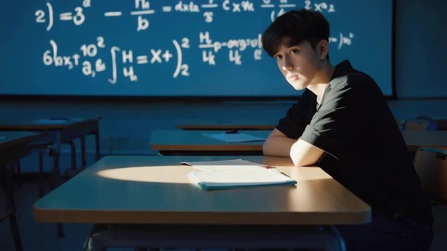 A focused East Asian student sitting at a desk in a dark lecture hall, looking up at a projection of complex mathematical equations