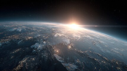Fototapeta premium Stunning view of Earth from space with sunrise illuminating the horizon and vivid atmospheric details showcasing planet's beauty and cosmic perspective