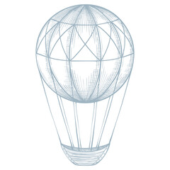Retro vector illustration of hot air Balloon. Linear pastel blue drawing of vintage Aircraft for Baby shower invitations or childish greeting cards. Outline sketch of Aerostat for nursery posters.