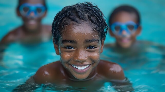 Young African American girl with bright smile swimming in pool with friends wearing goggles, enjoying summer activities and water fun. Perfect for lifestyle and recreation content.