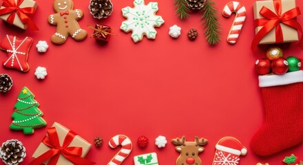 Christmas holiday flat lay with festive items framing red background and copy space