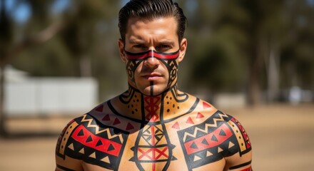 Man with intricate tribal body paint and geometric patterns on chest and face outdoors