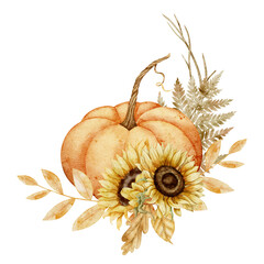 Watercolor composition with pumpkins, wheat, sunflower heads, fern and fall foliage. Botanical drawing with Squash and autumn Flowers Great for greeting cards or invitations. Art for icon or logo.