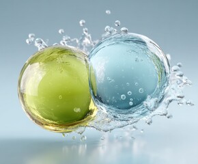 Close-up of two colorful water balls colliding and splashing in midair with water droplets against a light blue background