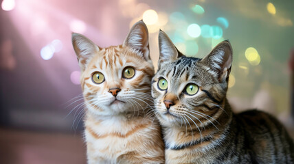 A close-up photograph of two tabby cats with striking green eyes against a bokeh background of pink and blue lights