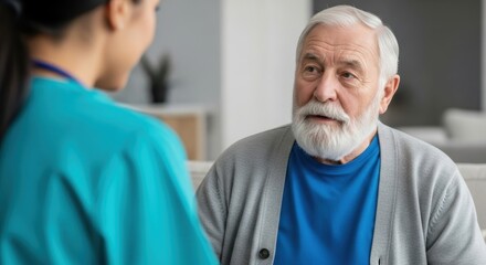 Fototapeta premium Grey haired man listening to healthcare worker advice during home consultation