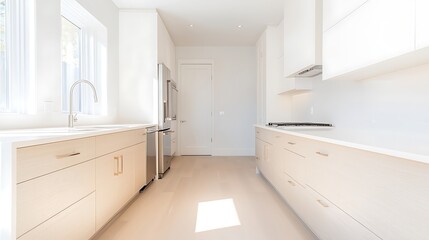 Bright and modern galley kitchen with light wood cabinetry and stainless steel appliances