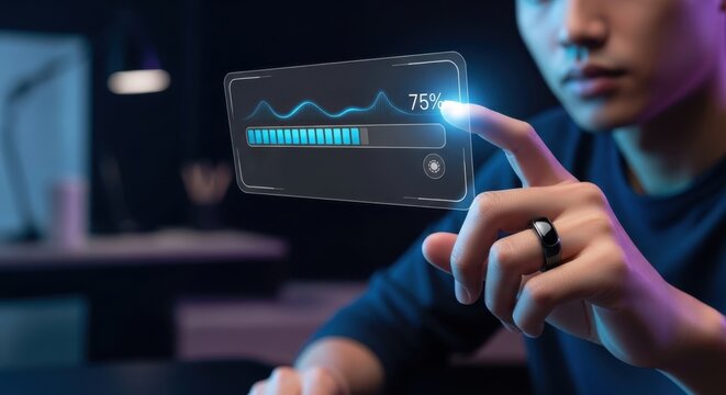 Young man hand with smart ring touching a futuristic holographic display with progress bar.