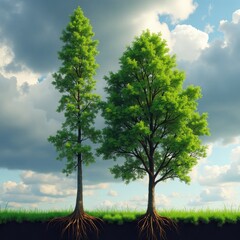 Obraz premium Whispers of the Forest: Twin Trees Beneath the Sky