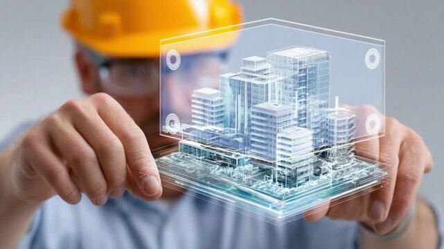 Architectural Blueprint: A skilled architect examines a holographic architectural blueprint of a building in a modern construction design and technology setting.